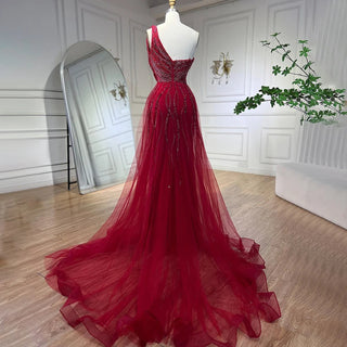 Ships in 1 to 3 Days - Fuchsia Radiance: 2024 Luxury Strapless Evening Dress with High Split, Beaded Elegance, and Dubai Glamour