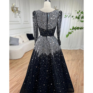 Muslim Black A-Line Evening Gown: Luxurious Sequined and Beaded Elegance for Women's Wedding Party 2024