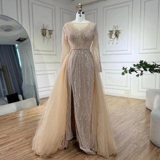 Arabic Pink Mermaid Beaded Evening Dress with Overskirt Luxury Gowns 2024 for Women's Wedding Party