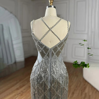 Dubai Silver Mermaid Evening Gown 2024 with Gold Beaded Tassel - Luxury Spaghetti Strap Party Dress for Women