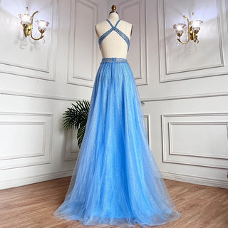 Blue Sexy A-Line 2024 Beaded Halter Prom Dress: Celebrity Graduation School Party Gown