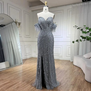 Green Mermaid High Split Spaghetti Strap Evening Dress: 2024 Feather Beaded Gown for Women's Party