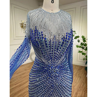 Arabic Blue Mermaid Evening Dress - Long 2024 Beaded Luxury Gown for Women's Party