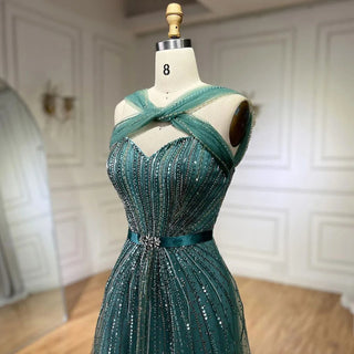 Dubai Azure: 2024 Turquoise Spaghetti Strap A-Line Luxury Beaded Evening Dress - Gown for Women's Wedding Party