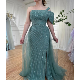 Ships in 1 to 3 Days - Turquoise Mermaid Evening Gown 2024: High Split, Luxury Beaded, Elegant for Women's Party