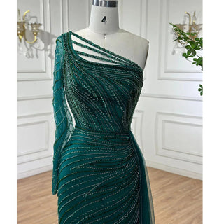 Green One Shoulder Mermaid Split Open Evening Dress: Beaded Sexy Party Gown for Women 2024