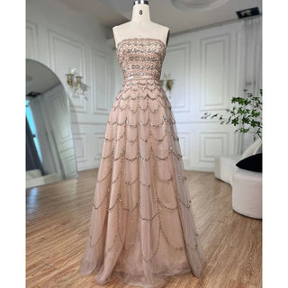 Ships in 1 to 3 Days - Arabic Pink A-Line Strapless Evening Gown: Beaded Long Dress for Women's Wedding Party 2024