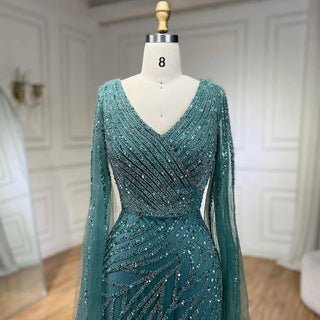 Ships in 1 to 3 Days – Arabic Mermaid Blue Beaded Elegant Cape Sleeves Luxury Evening Dress Gown for Women Wedding Party 2024