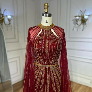 Wine Red Beaded Mermaid Saudi Evening Dress with Cape for Formal Occasion