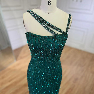 Green One Shoulder Mermaid Elegant Beaded Luxury Evening Dress Gown for Women's Wedding Party 2024