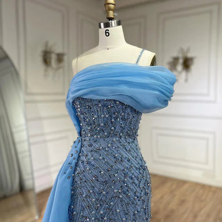 Blue One-Shoulder Beaded Pearls Mermaid Evening Dress Gown with Split for Party