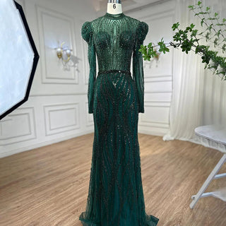 Green Muslim Mermaid Evening Dress 2024 with Elegant Luxury Beaded Details - Ideal for Women's Wedding Party