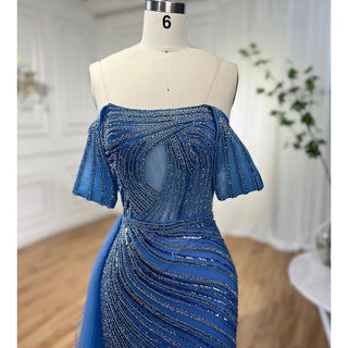 Arabic Blue Elegant Mermaid Evening Dress 2024 - High Split, Beaded Luxury Gown for Women's Wedding Party