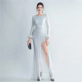 Stretch Feather Sequin Full Sleeve Evening Maxi Dress