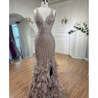 Ships in 1 to 3 Days - Pink Mermaid Evening Dress 2024 with Sexy High Split, V-Neck, Feather Beaded Luxury - Ideal for Women's Wedding Party