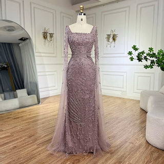 Ships in 1 to 3 Days - 2024 Arabic Caramel Mermaid Long Evening Dress with Beaded Cape Sleeves Gown for Women's Wedding Party