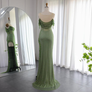 Luxury Crystal Dubai Sage Green Evening Dresses: Orange Arabic High Slit Prom Dress for Women's Wedding Party Elegance