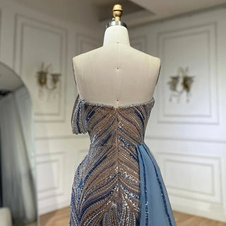 Ships in 1 to 3 Days - 2024 Arabic Blue One-Shoulder Luxury Dubai Evening Gown with Side Overskirt Beaded Dress for Women's Party