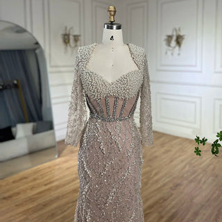 Ships in 1 to 3 Days - Dubai Luxury Pearls Beaded Nude Elegant Arabic Mermaid Evening Dress for Women - Wedding Party 2024