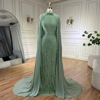 Ships in 1 to 3 Days - 2024 Muslim Sage Green Mermaid Cape Sleeves Beaded Satin Luxury Evening Dresses Gowns for Women Party