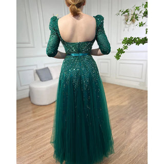 Blue Midi Evening Dress 2024 - Luxury Dubai Muslim Ankle-Length Arabic Short Wedding Formal Party Gown