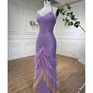 Lilac Elegance: 2024 Luxury Dubai Feathered Evening Dresses - Halter Mermaid Style