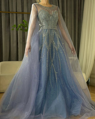 Ships in 1 to 3 Days - 2024 Nude and Blue A-Line Beaded Arabic Evening Gown - Cape Sleeves Dress for Formal Occasions