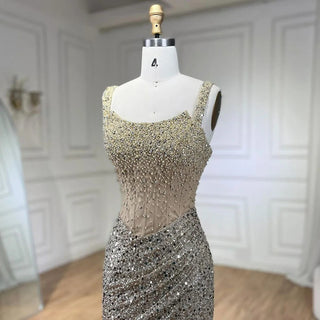 Beige Mermaid Floor-Length Evening Gown - Luxury Beaded Crystal Spaghetti Strap Party Dress for Women (2024)