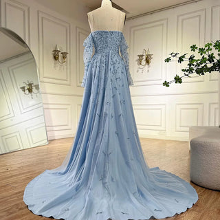 Ships in 1 to 3 Days - 2024 Arabic Strapless Blue Beaded Evening Gown with Pearls and Side Skirt - Luxury Dubai Dress for Women's Parties