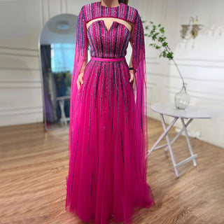 Arabic Green Cape Sleeves A-Line Beaded Evening Dress - Long Celebrity Gown for Women's Wedding Party 2024