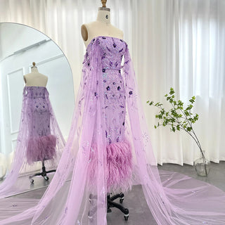 Dubai Luxury Lilac Evening Dress with Feathers and Cape Sleeves: Ankle Length Midi Elegance for Arabic Women's Wedding Party Gowns