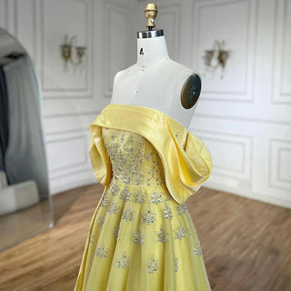 Ships in 1 to 3 Days - Luxury Dubai Arabic Yellow Evening Dress - Elegant Boat Neck Party Gown for Women's Wedding