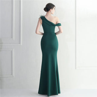 Sexy Slash Neck Feather Party Maxi Dress - Long Slit Prom Evening Dress for Women