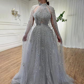 Dubai Arabic Luxury Nude A-Line Beaded Evening Dress with Cape Sleeves - Elegant Gown for Women Wedding Party 2024