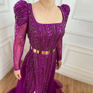 Dubai Fuchsia Elegance: Luxury Evening Dress with Long Sleeves, Overskirt, and Arabic-inspired Elegance for Women at Wedding Parties and Formal Events.