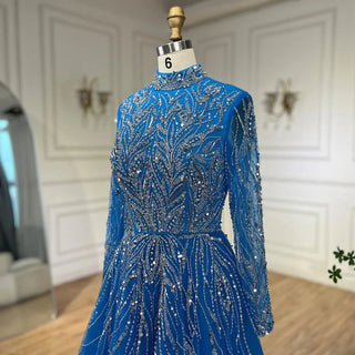 Ships in 1 to 3 Days - Muslim Elegant Blue A-Line Beaded Luxury Dubai Evening Dresses Gowns For Women Wedding Party 2024