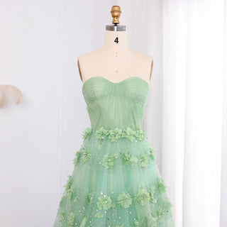 Luxury Sage Green 3D Flowers Evening Dress with Cape - Elegant Sweetheart Arabic Wedding Party Gown