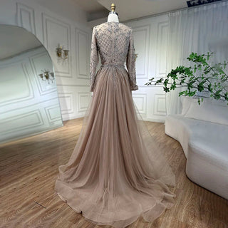 Silver Nude Mermaid Evening Gown: Over Skirt, Beaded Luxury Dubai Dresses - Long Women's Wedding Party Gowns 2024