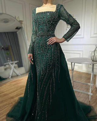 Luxurious Green Beaded Mermaid Evening Gown with Overskirt