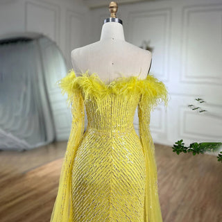 Pink Cape Sleeves Mermaid Yellow Evening Dresses Gowns Luxury Beaded Feathers For Women Wedding Party 2024