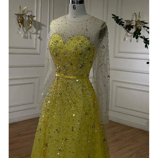 Arabic Yellow Illusion High Split Luxury Beaded Dubai Evening Dress: Elegant Gown for Women's Wedding Party 2024