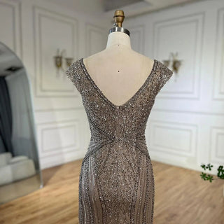 Ships in 1 to 3 Days - Dubai Beige Elegant Sleeveless Mermaid Beaded Arabic Evening Dresses Gowns for Women Wedding Party 2024