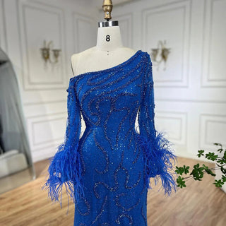 Ships in 1 to 3 Days - Blue Mermaid Elegant One-Shoulder Beaded Feathers Luxury Evening Dress Gown for Women's Wedding Party 2024