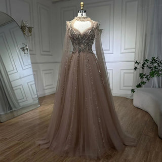 2024 Arabic Nude A-Line Elegant Evening Dress with Cape Sleeves - Beaded Luxury Gown for Women's Wedding Party