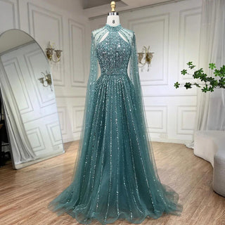 2024 Arabic Turquoise A-Line Cap Sleeve Beaded Luxury Dubai Evening Dress: Gowns for Women's Wedding Party