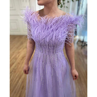 Blue Serenity: 2024 Boat Neck Luxury Evening Gown - Short Sleeves Beaded Feather A-Line Dress for Women's Party