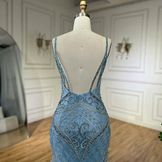 Ships in 1 to 3 Days - Arabic Blue Spaghetti Strap Feathers Beaded Luxury Dubai Evening Dresses Gowns For Women Wedding Party 2024