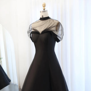 Arabic Black Satin Evening Dress with Cape Sleeves - Short Long Wedding Party Gown for Women