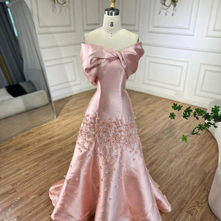 Ships in 1 to 3 Days - Luxury Dubai Peach Satin Mermaid Evening Gown 2024 - Elegant Appliqués for Women's Wedding Party