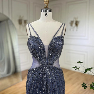 Gray Cut Out Spaghetti Straps Elegant Mermaid Evening Dresses Gowns Luxury Beaded For Woman Party 2024